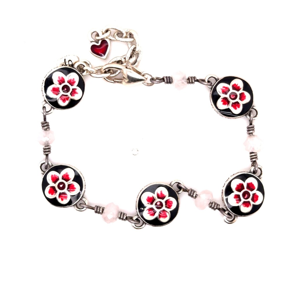 Brighton Silver Tone Black Red Enamel Flower Link Bracelet Adjustable 7-8.5"
